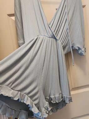 Pink Lily Light Blue Ribbed Wrap Romper with Ruffle Hem